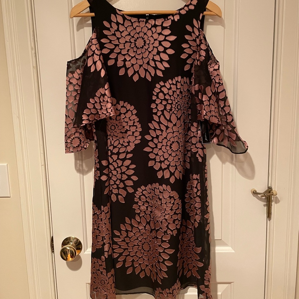 Black and pink floral exposed shoulder dress NWT